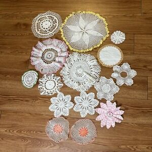 VTG Hand Crocheted Doilies Lot of 14 Round Floral Lace White Snowflake Pastel